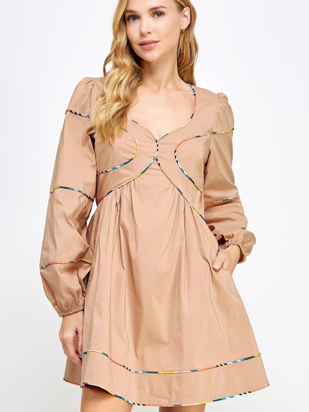 Tan Long-Sleeve Dress with Contrast Piping Fall transition, school